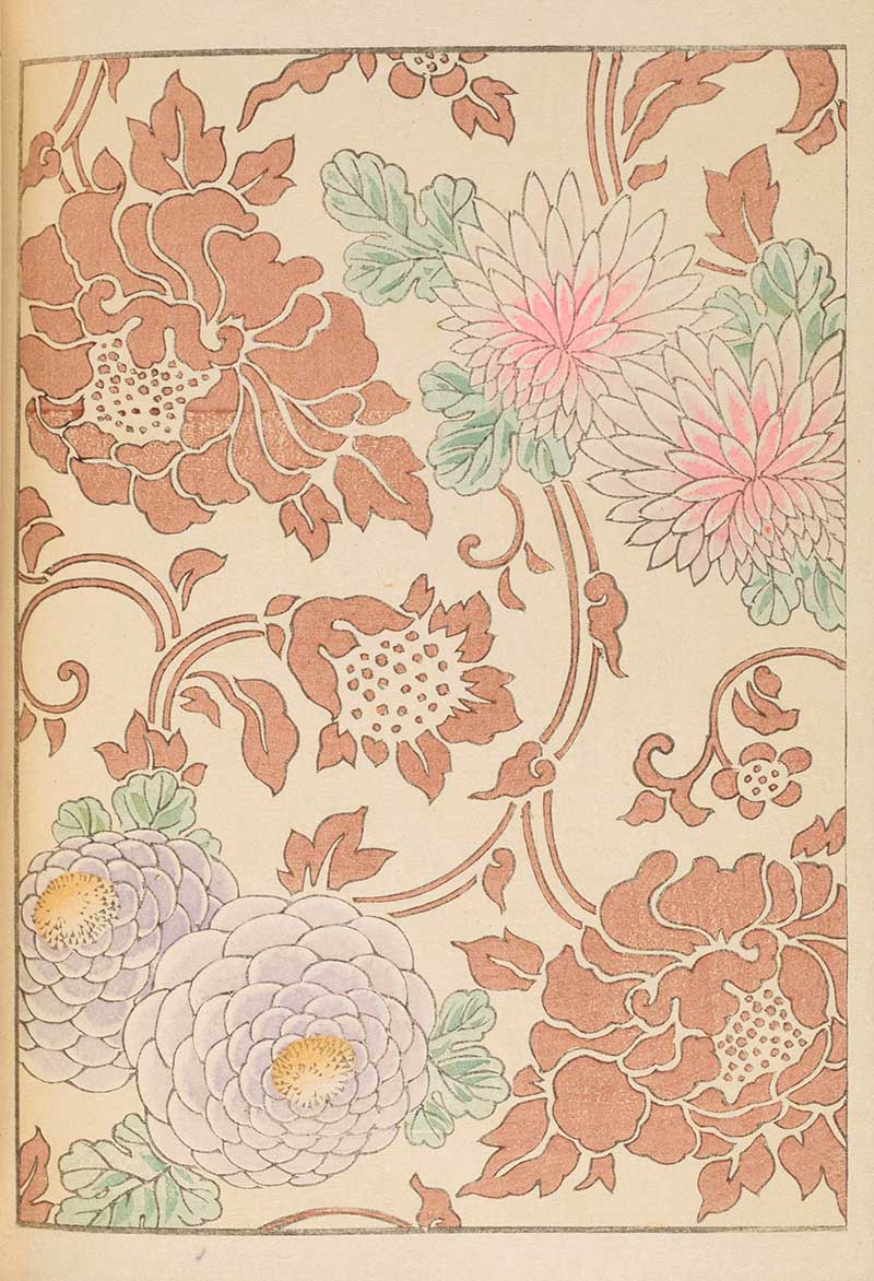 Japanese woodblock graphic print of various flowers Shin-Bitjutsukai