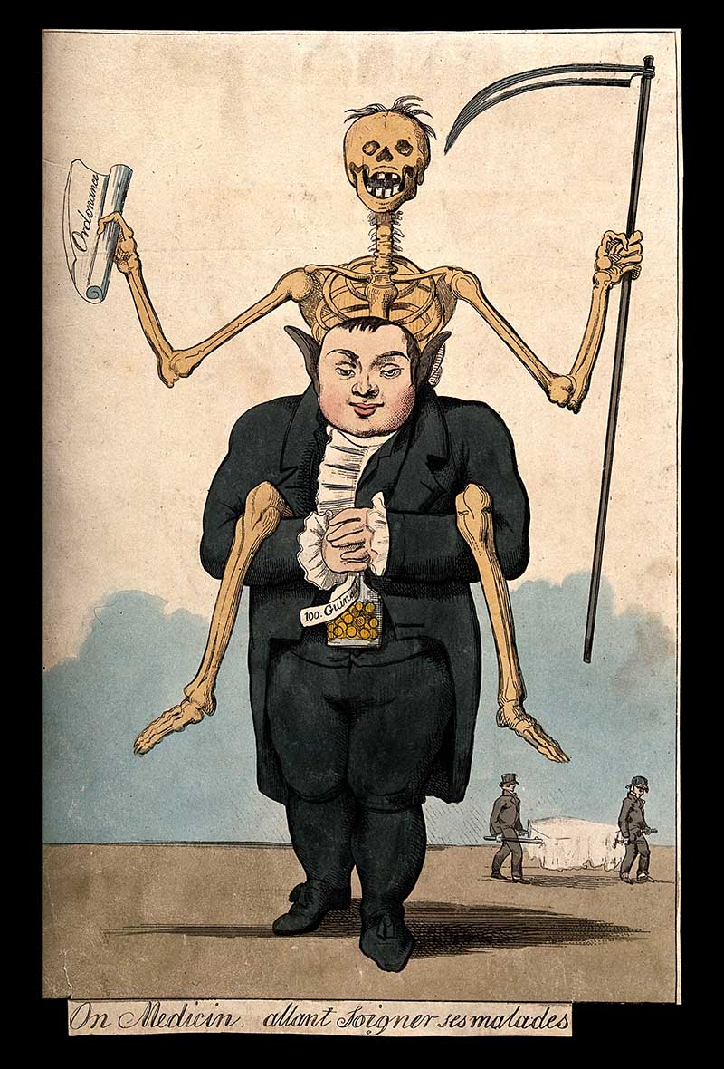 A doctor, straddled by a skeleton, holds a full purse in his hands
