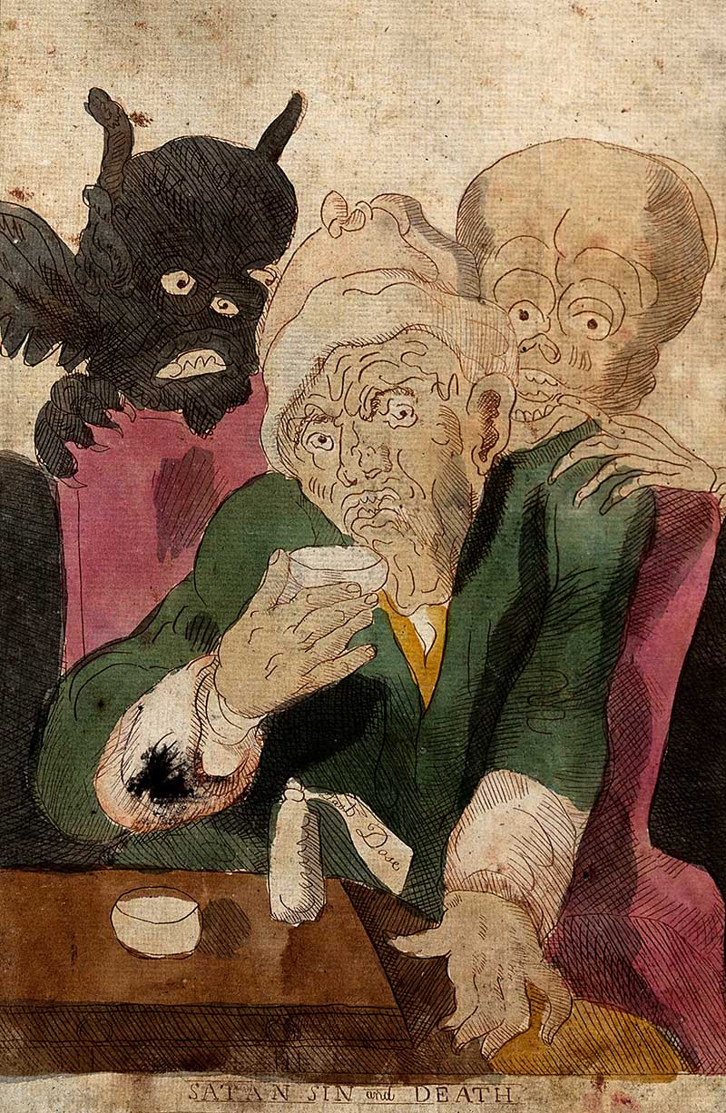 An old man drinks from a cup while a devil and a skeleton stand behind him