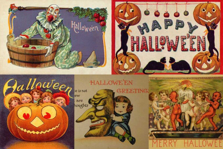Vintage halloween postcards to download including pumpkins, witches, deveils and black cats