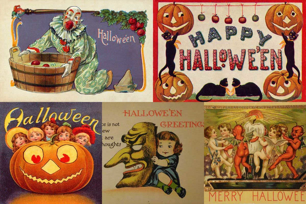 Vintage halloween postcards to download including pumpkins, witches, deveils and black cats