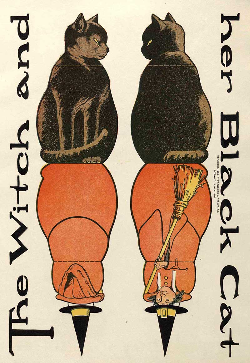 Halloween paper toy of a witch and black cat