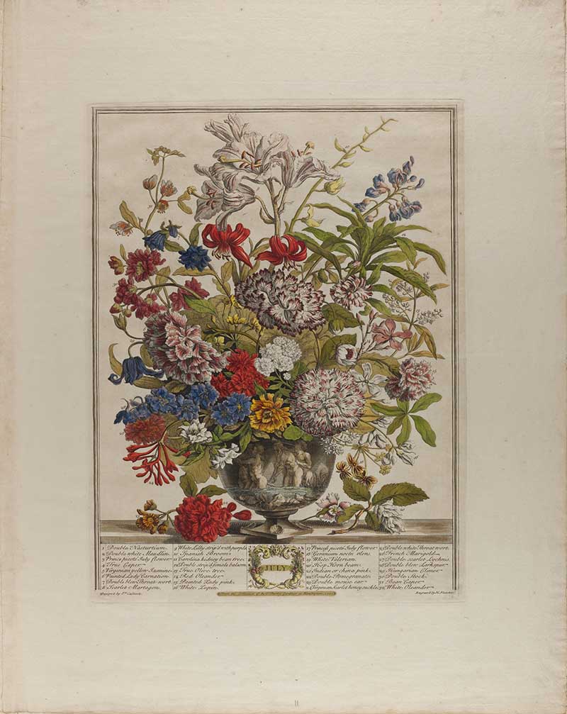 July form the 12 months of Flowers by Henry Fletcher Sunflowers, lilies, and poppies bring warmth and intensity. Marigolds, carnations, and larkspurs add more colour, while hollyhocks and foxgloves give the arrangement height and presence.