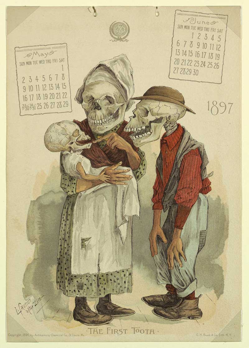 Skelton parents with skelton child, the first tooth. Antikamnia Calendar