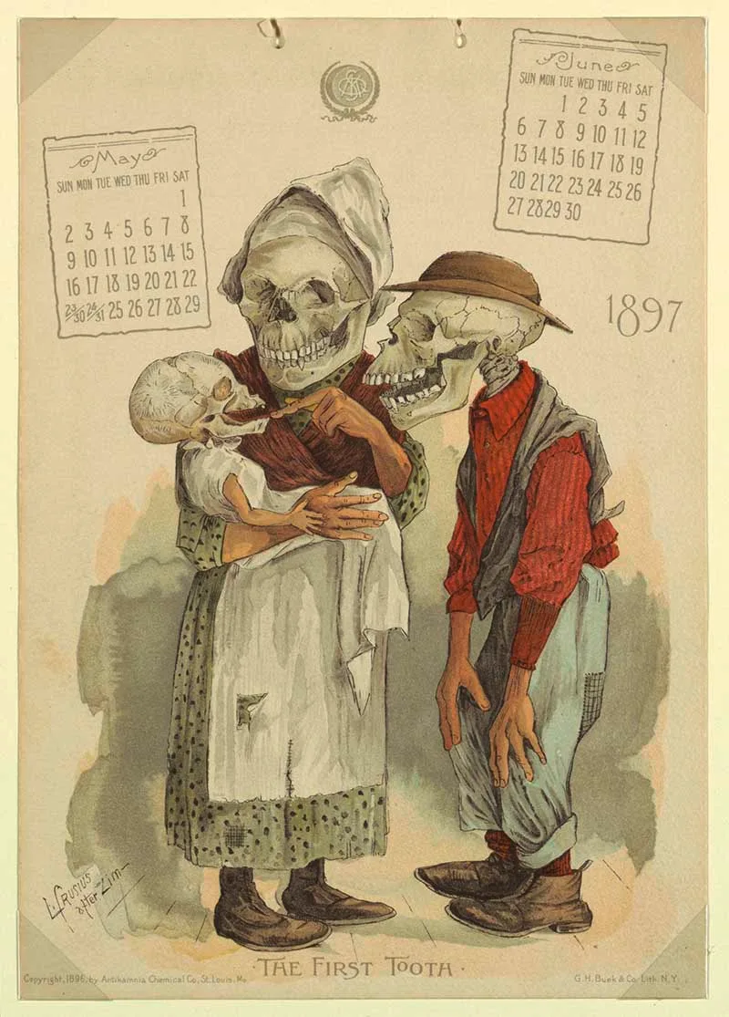Skelton parents with skelton child, the first tooth. Antikamnia Calendar