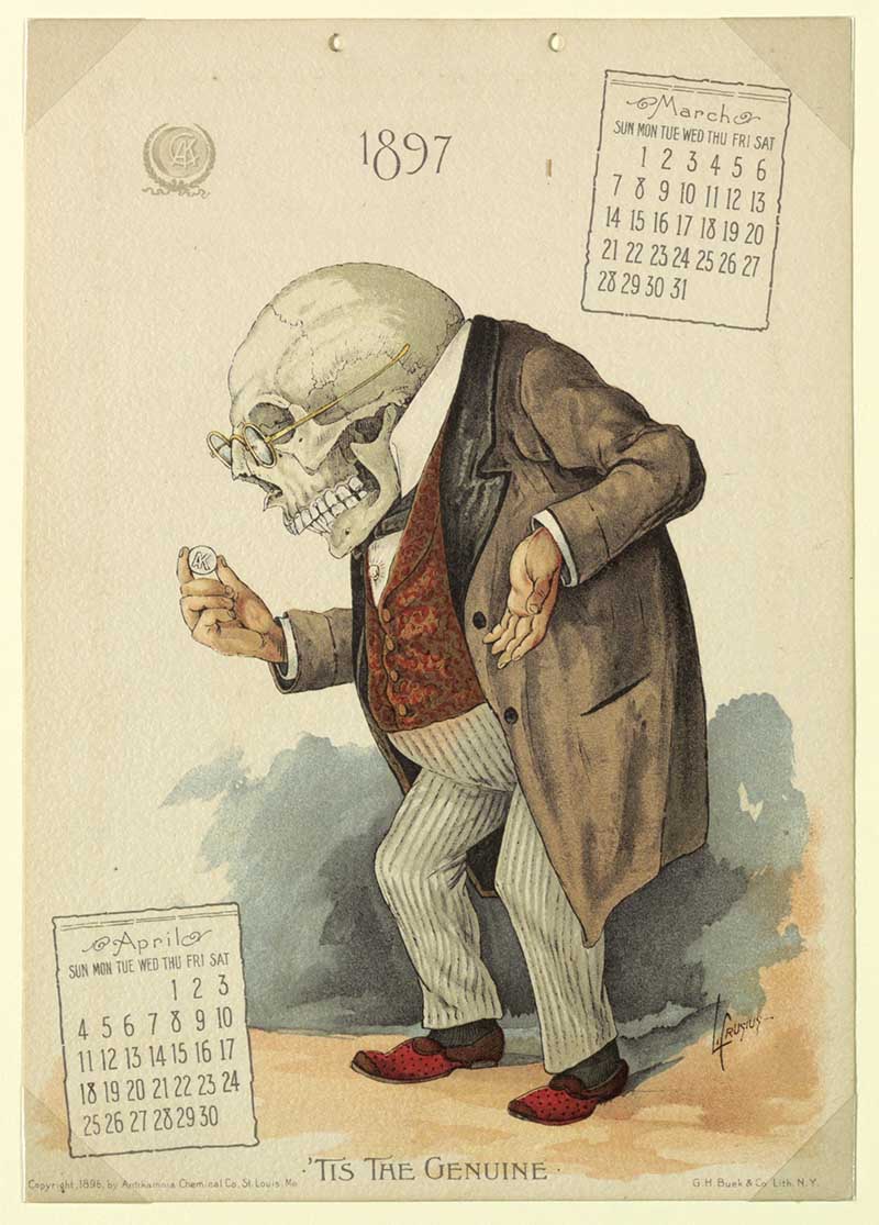 Tis The Genuine, spooky fun halloween image dealer skeleton from the Antikamnia Calendar