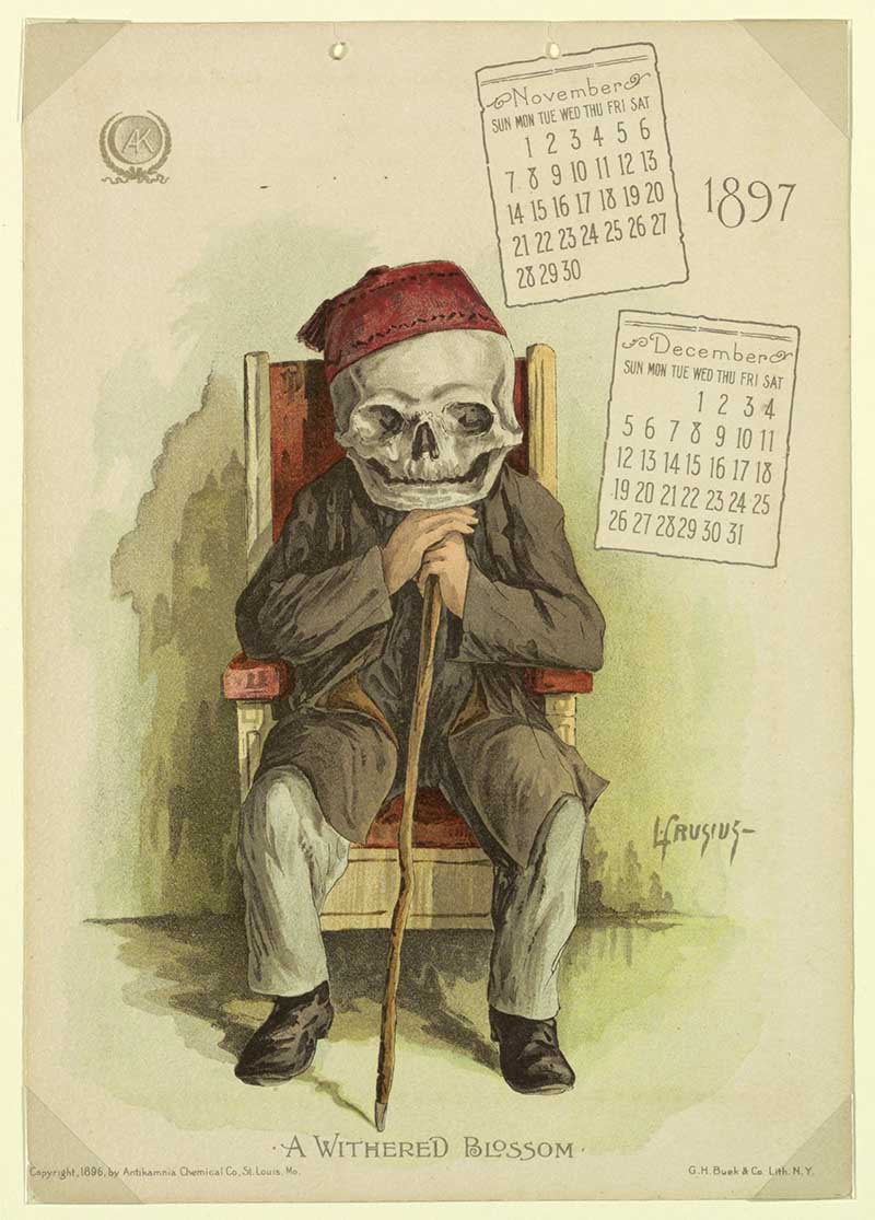 Old Man skeleton the Antikamnia Calendar