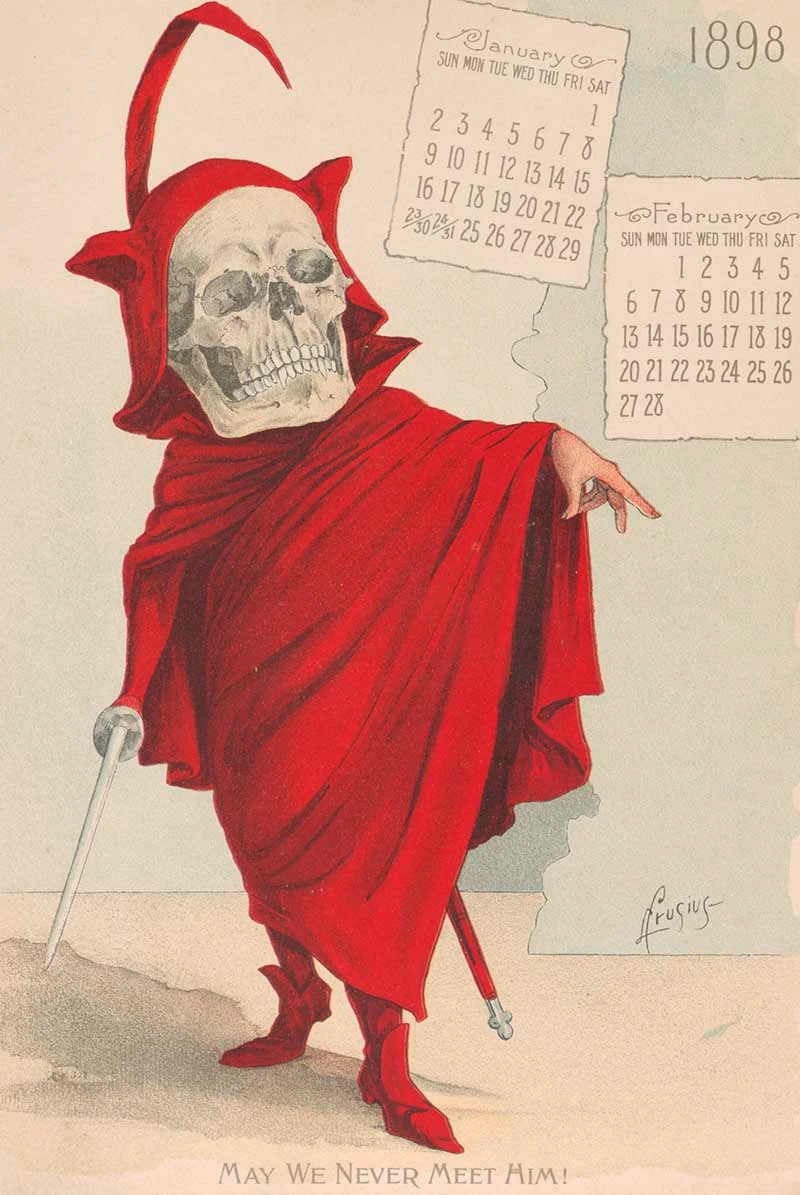 Antikamnia Calendar. skeleton in Devil costume, spooky Halloween images