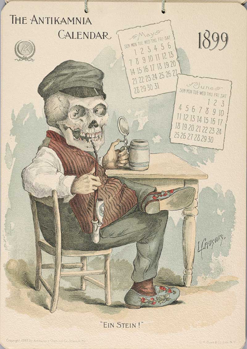 Beer Drinking skeleton Antikamnia calendar spooky fun image