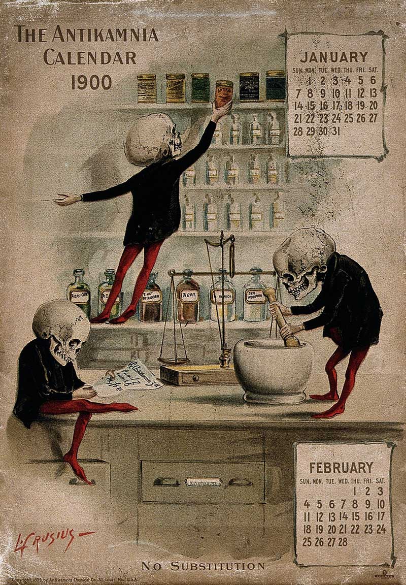 Skeletons mixing drugs in a pharmacy 