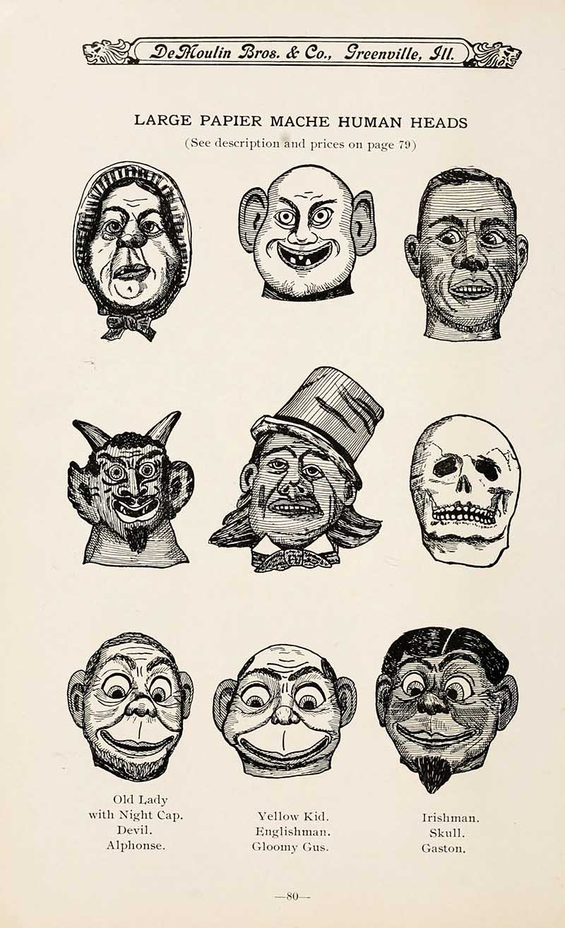 Assorted papier mache heads for halloween from a vintage costume catalogue