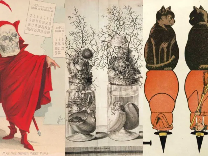three spooky halloween images vintage from devil keleton, to speciman jar to witch paper doll
