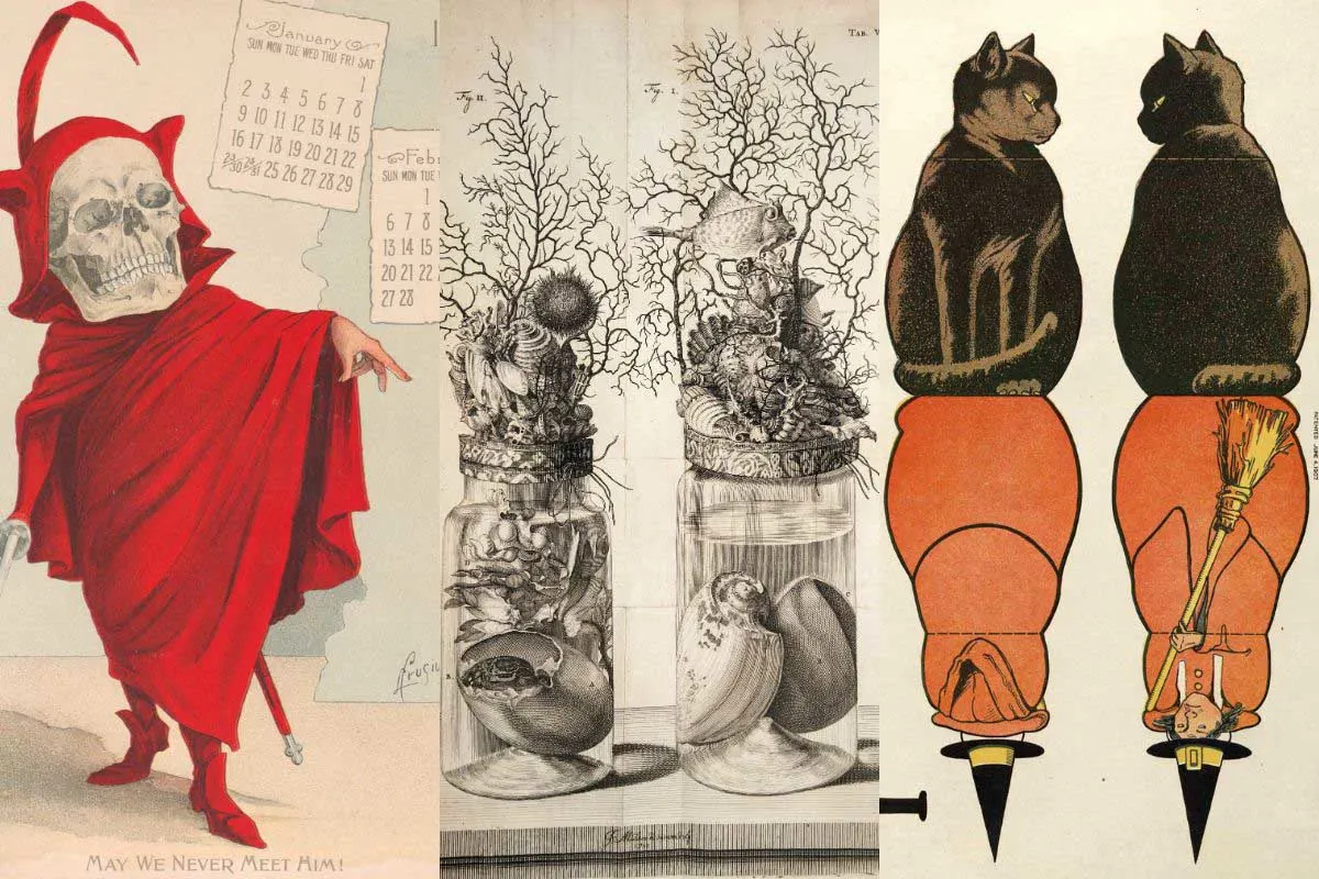 three spooky halloween images vintage from devil keleton, to speciman jar to witch paper doll