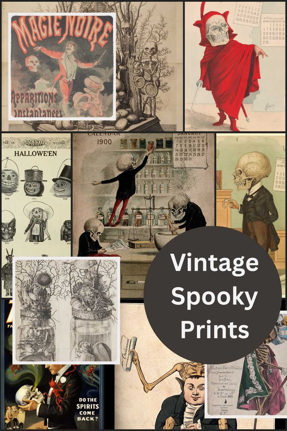 pin for a collection of vitnage spooky images from devil in skeleton costume to halloween ephemera