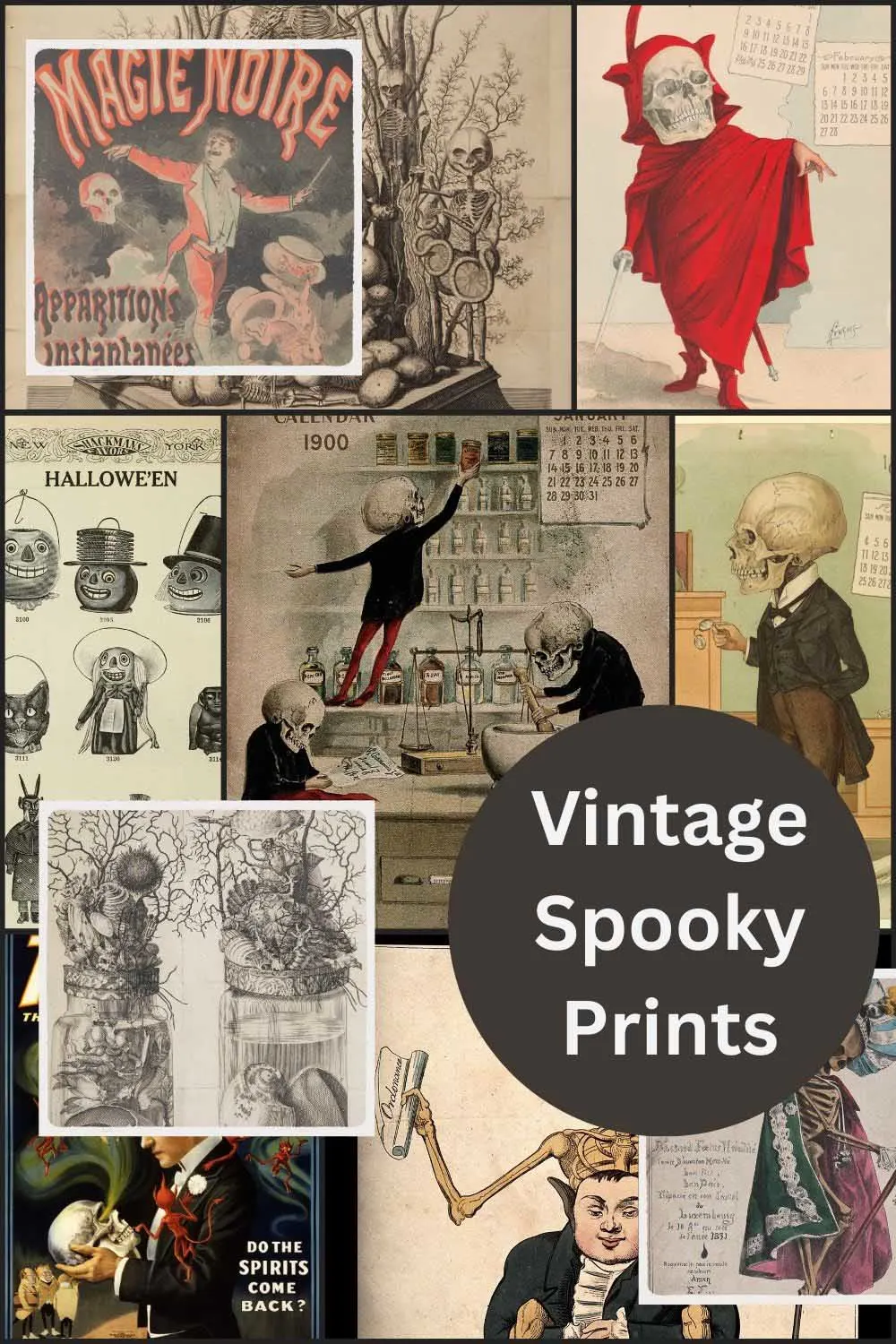 pin for a collection of vitnage spooky images from devil in skeleton costume to halloween ephemera