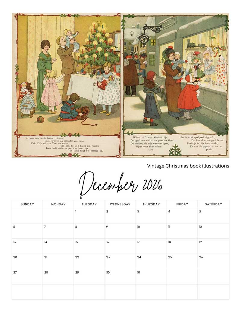 December calendar page vintage Childrens Illustrations