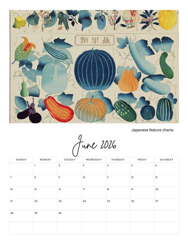June vintage Calendar page Japanese Nature Charts