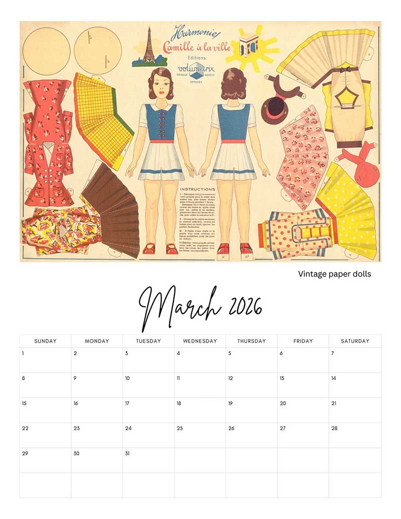 Vintage french Paper Dolls March Month in Calendar