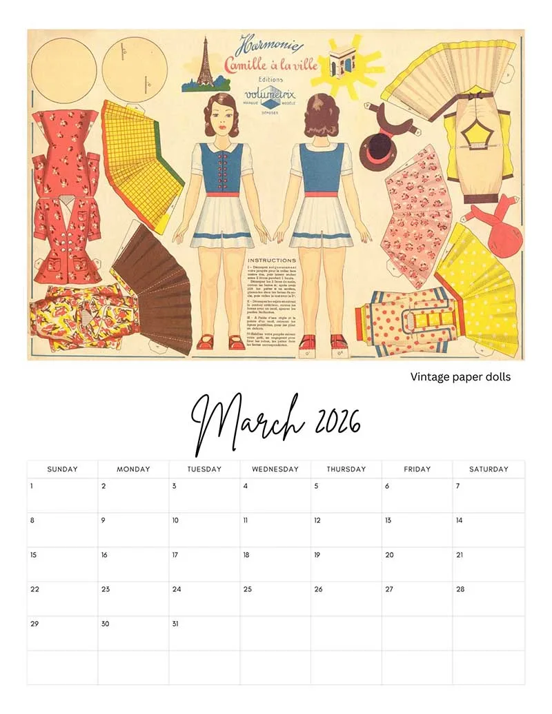 Vintage french Paper Dolls March Month in Calendar