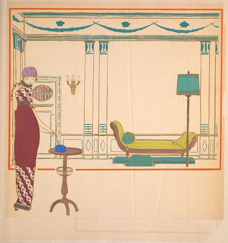 A stylish woman posed in an elegant interior lounge, where fashion, furniture, and d&eacute;cor come together in true Poiret style.  paul Poiret Designs