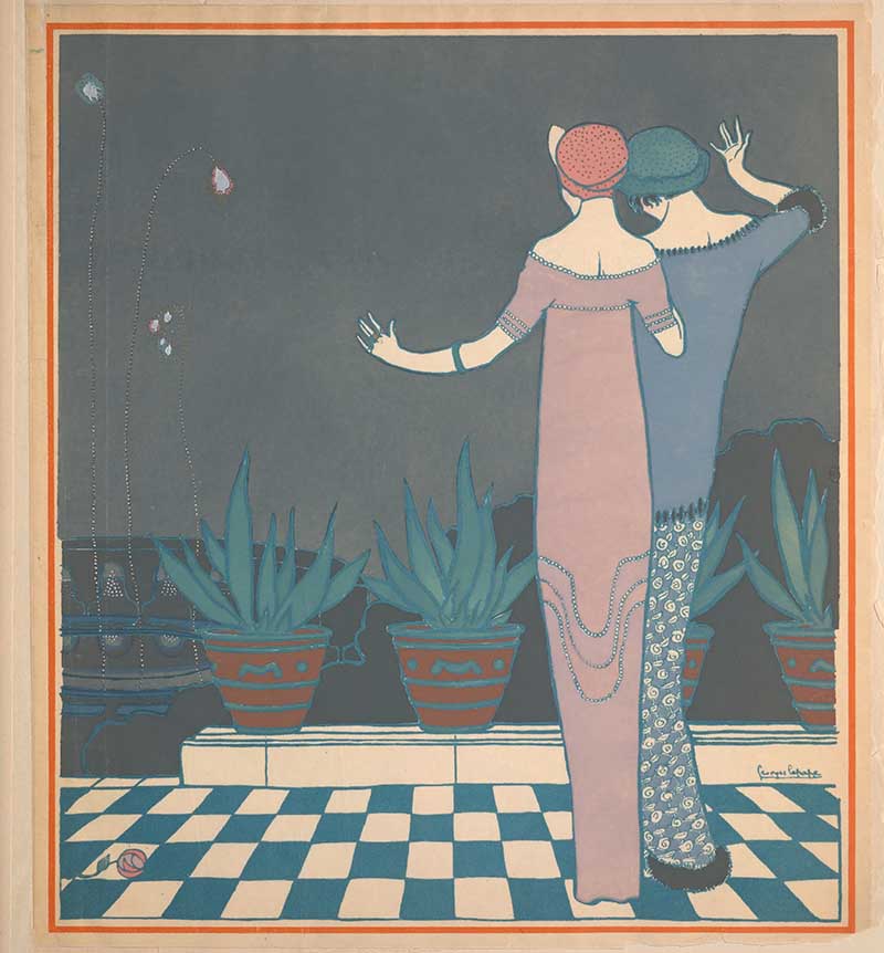 Ar t Nouveau fashion print of two women on the terrace