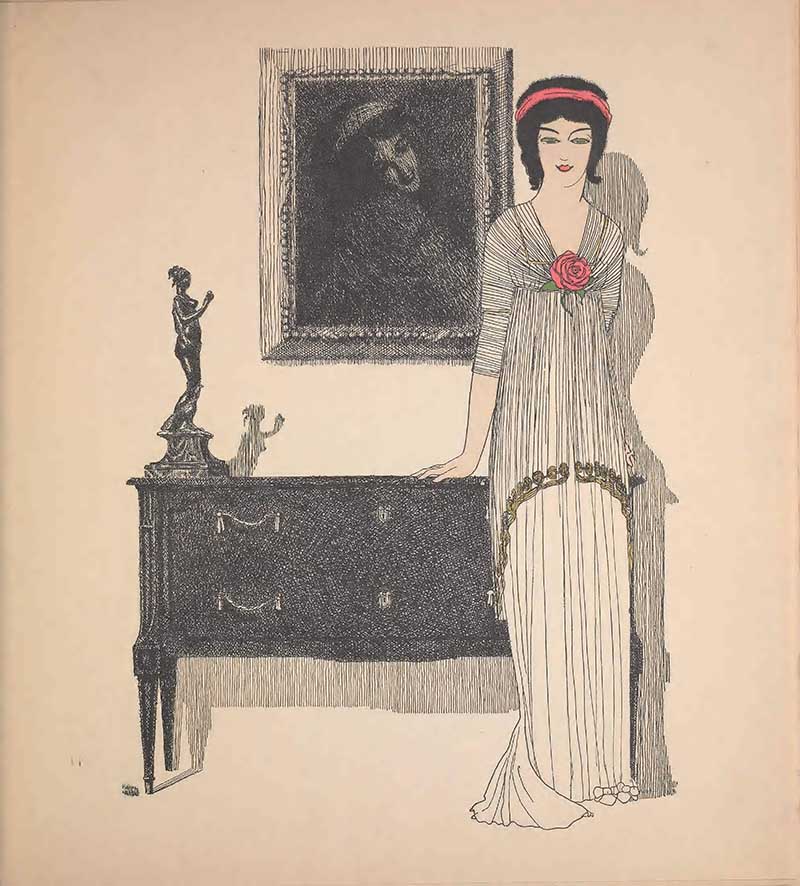 Women in black and white dress with red rose cossage.  Art Nouveau fashion illustration Paul Poiret