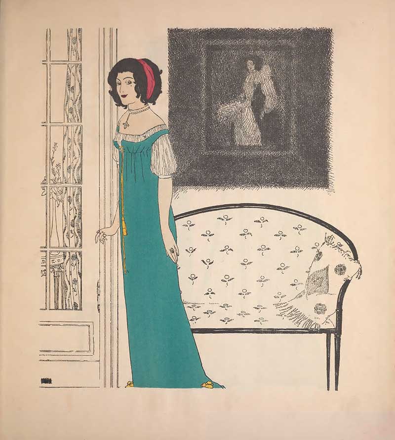 Art Nouveau Fashion Illustration Paul Poiret. Woman in Turquoise dress