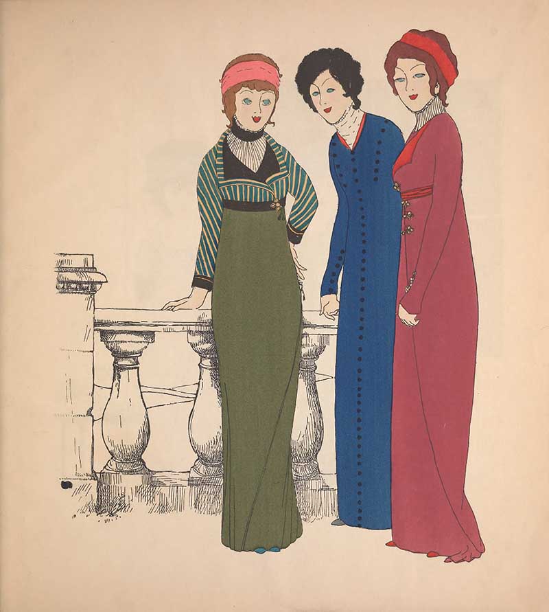 Paul Poiret Red Blue and Green Dresses Art Nouveau fashion illustration