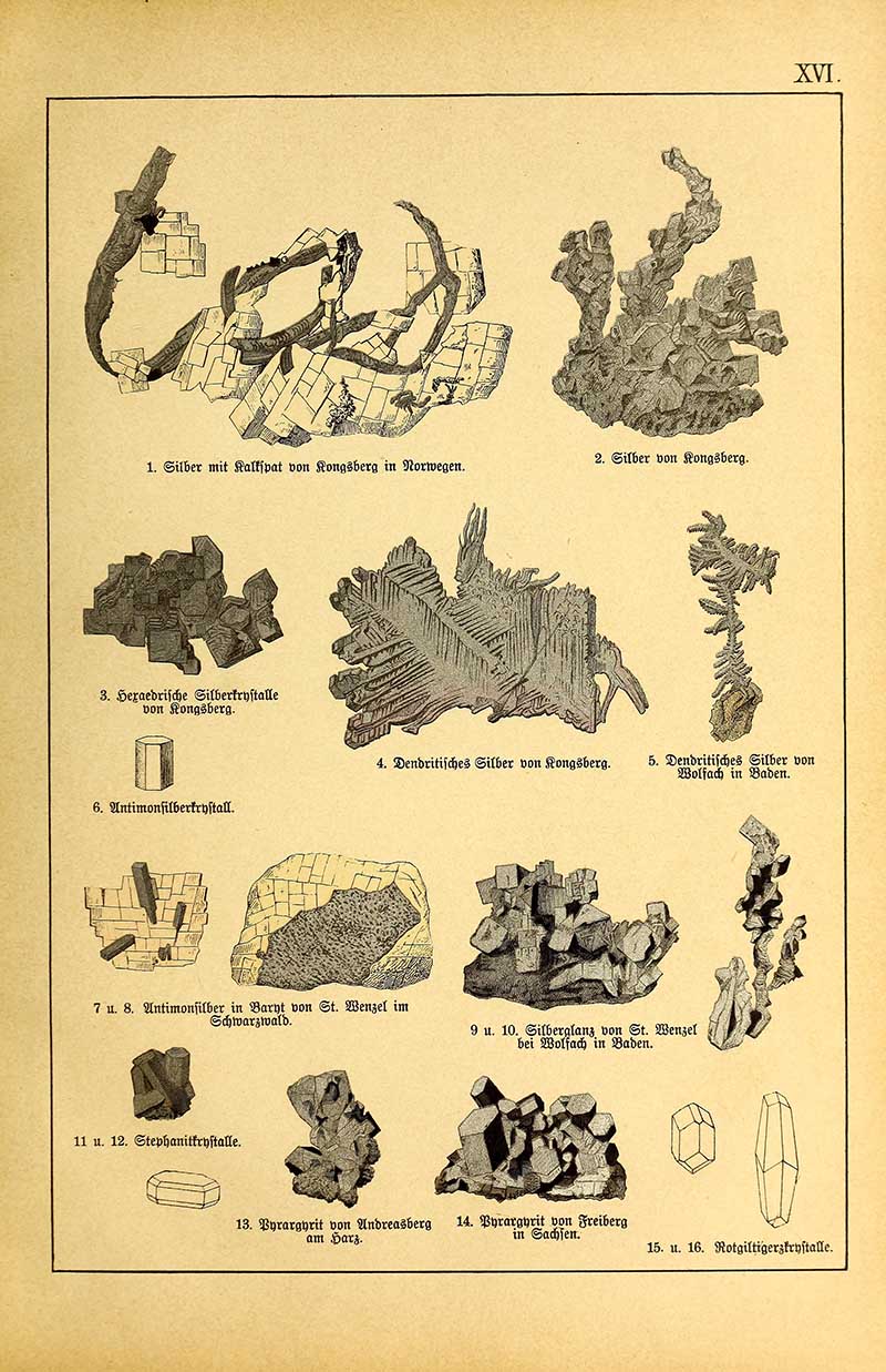 Vintage German lithograph showing native silver specimens, pyrargyrite, and stephanite crystals in detailed scientific illustration style.