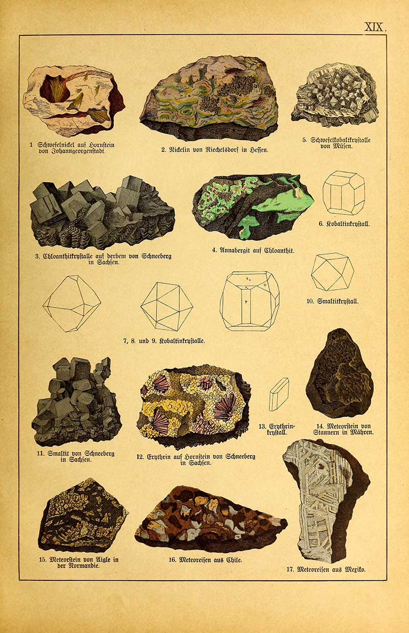 Vintage German mineralogy plate showing cobalt minerals, erythrite, smaltite crystals, and meteorites with geometric crystal diagrams. Chromolithograph style.