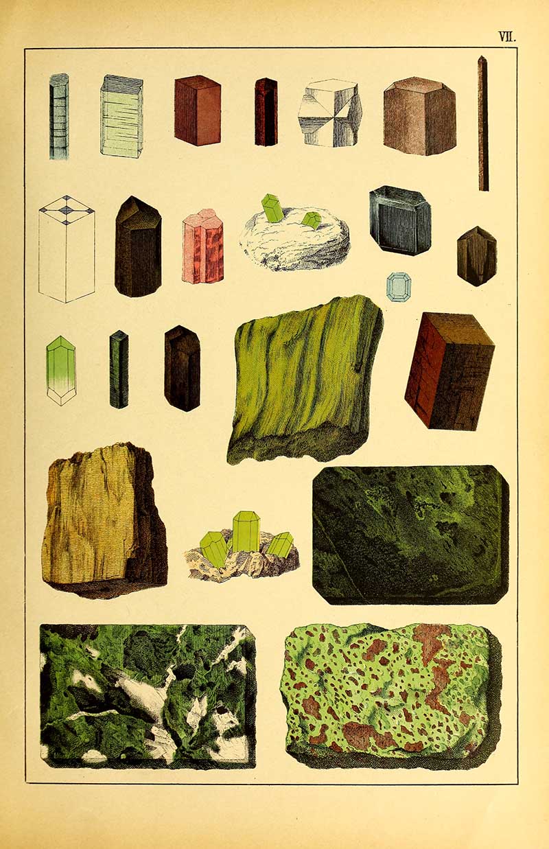 Vintage lithograph plate VII showing various mineral specimens and crystal forms including tourmaline, serpentine, and jasper in detailed scientific illustration style.