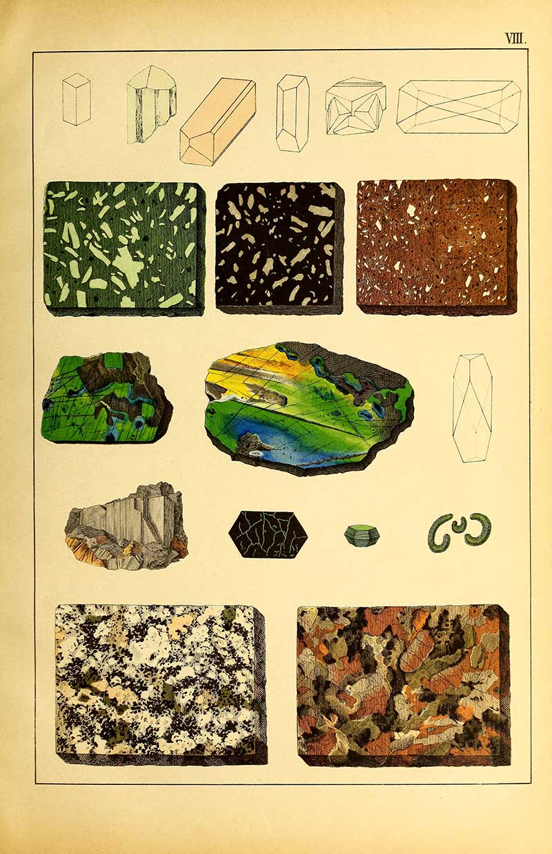 Vintage mineralogy plate VIII showing crystal geometry diagrams, porphyry rock samples, feldspar, and granite in detailed chromolithograph style.