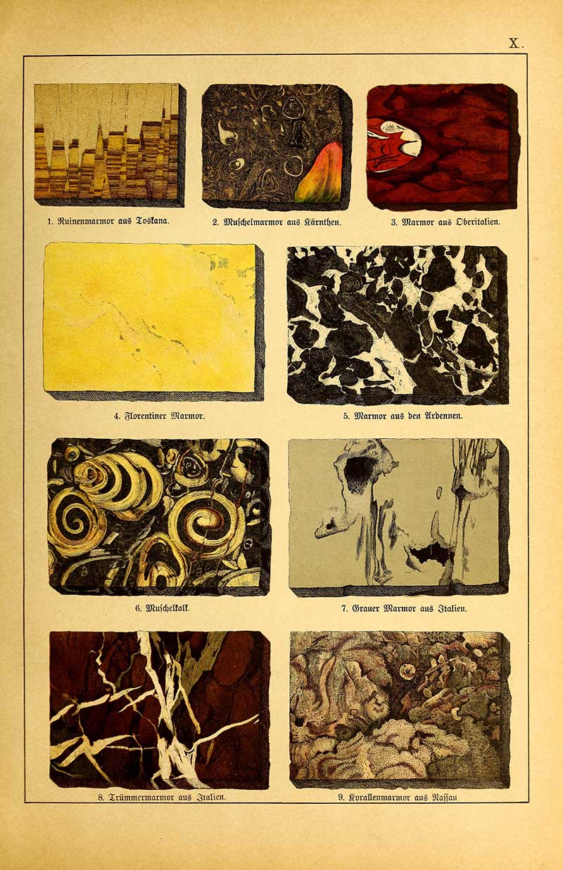 Vintage German lithograph showing 9 marble varieties including Florentine, shell, ruin, and coral marble with detailed color patterns.