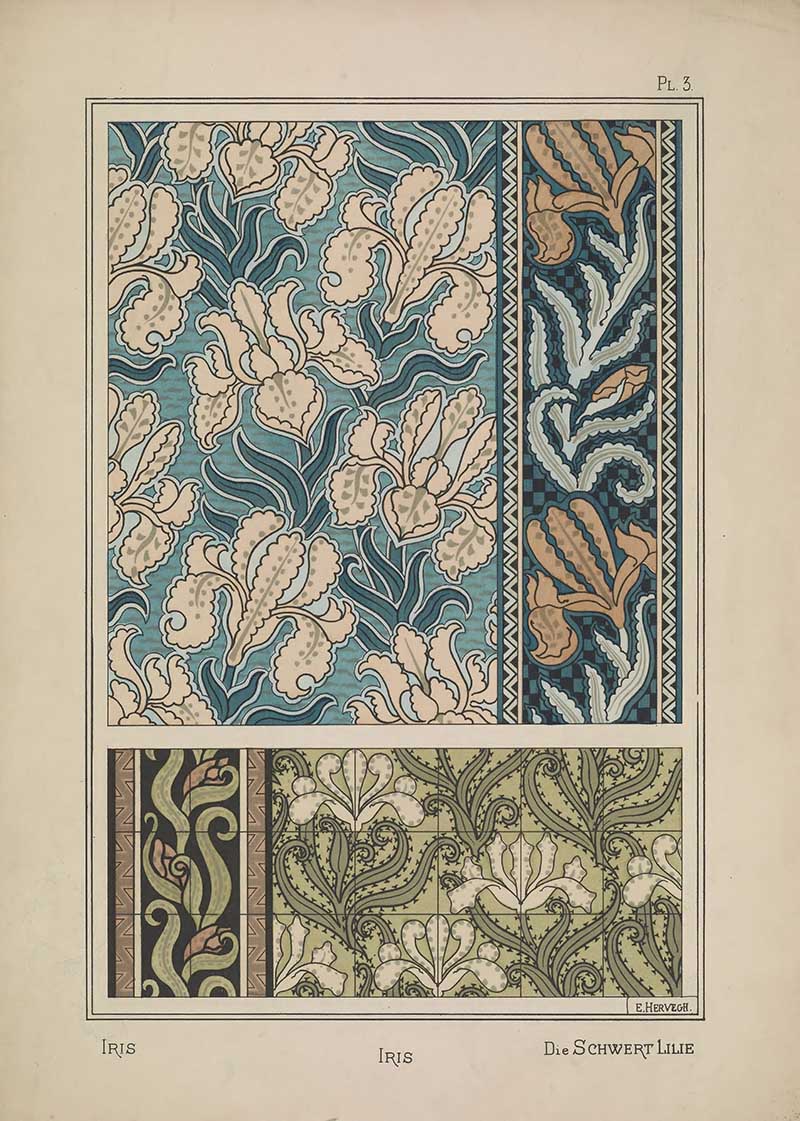 Iris pattern in blue Ar Nouveau Eugene Grasset Art Nouveau pattern design