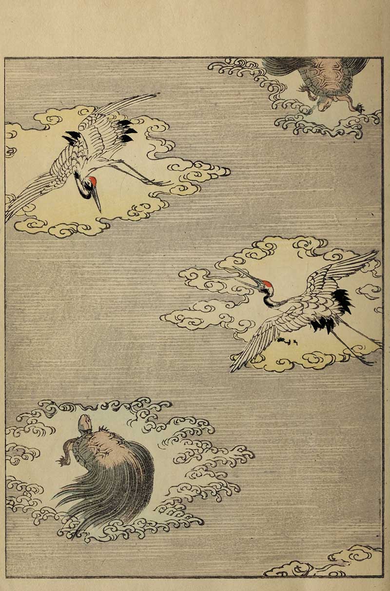 Japanese textile pattern with red-crowned cranes in flight among swirling clouds and minogame long-tailed turtles symbols of longevity vintage Nippon collection