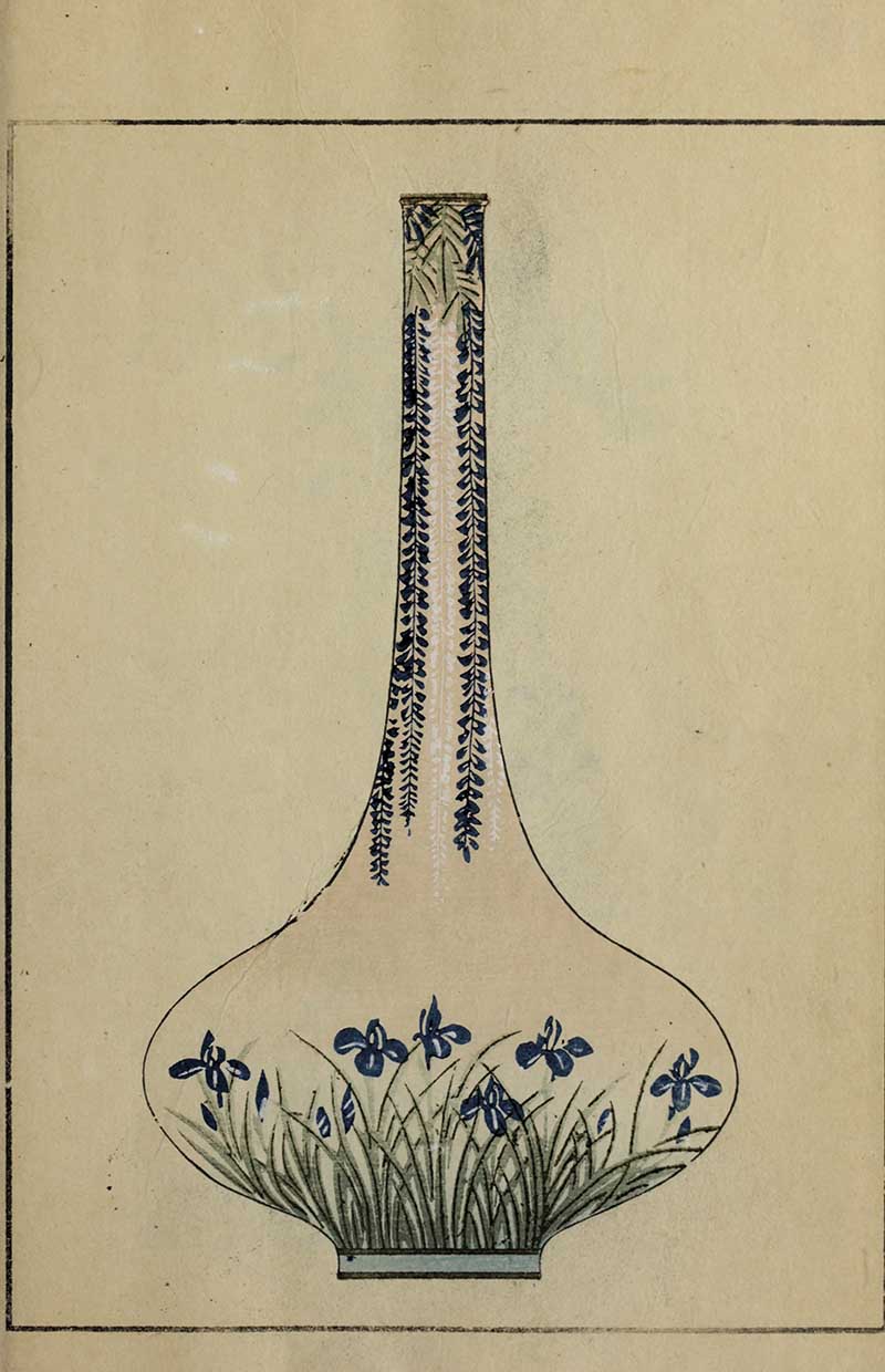 Blue and white long-necked vase with wisteria and iris motifs on cream background, vintage Nippon collection