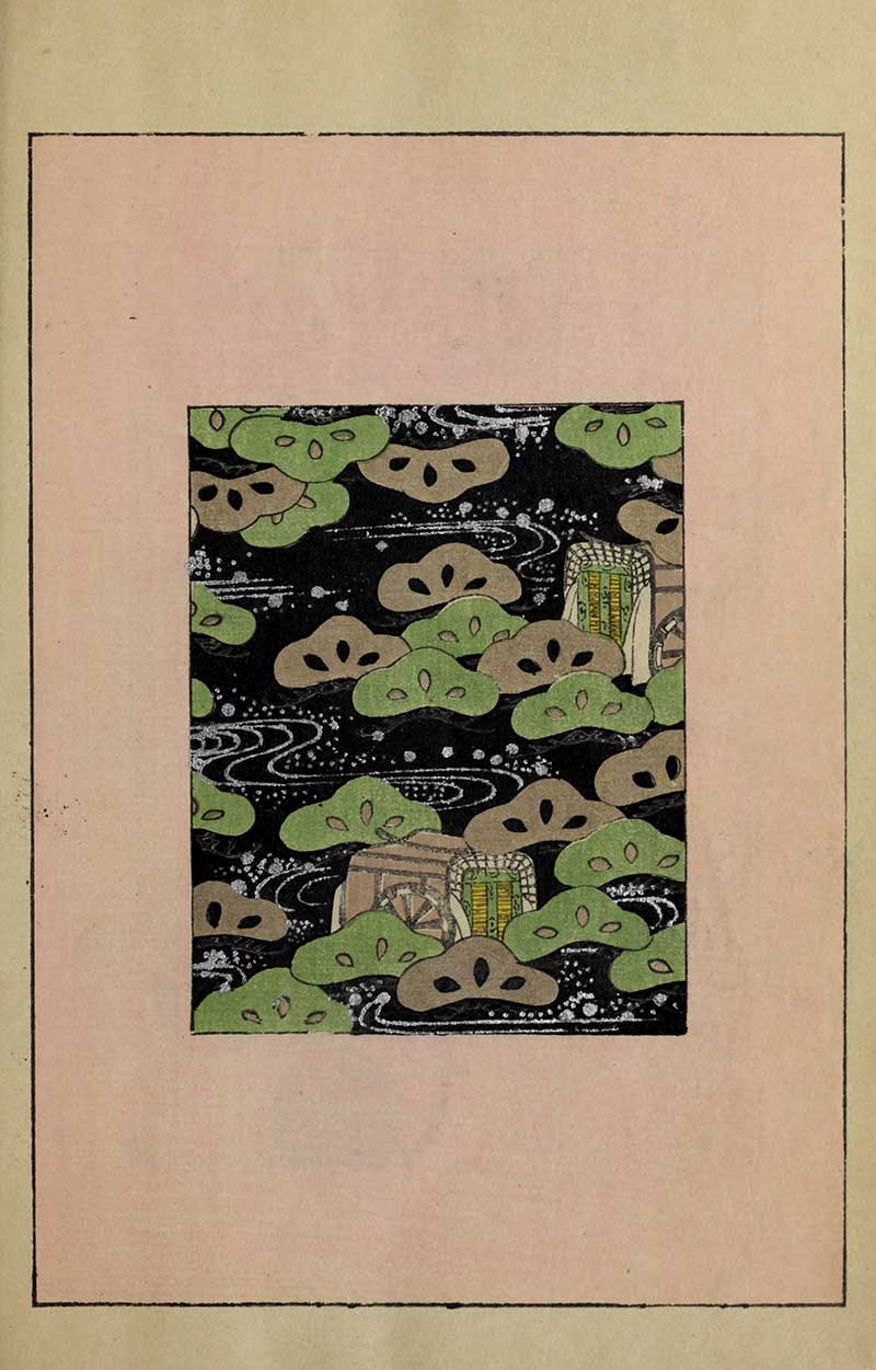 Japanese textile pattern on black with green and gold pine trees flowing white water streams and ox-drawn court carriages Heian-era design vintage Nippon collection