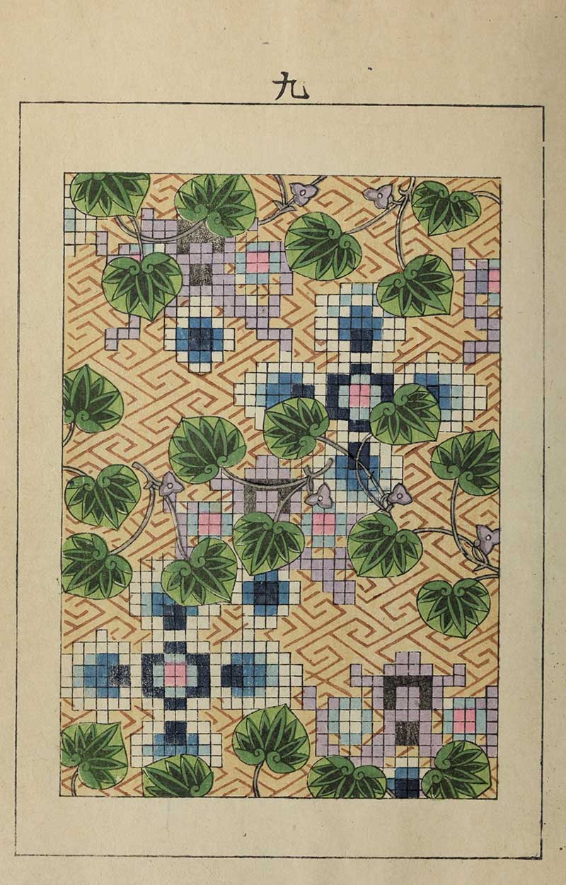 Japanese textile pattern with trailing green morning glory vines over golden sayagata background with pixelated mosaic motifs in blue lavender and pink vintage Nippon collection