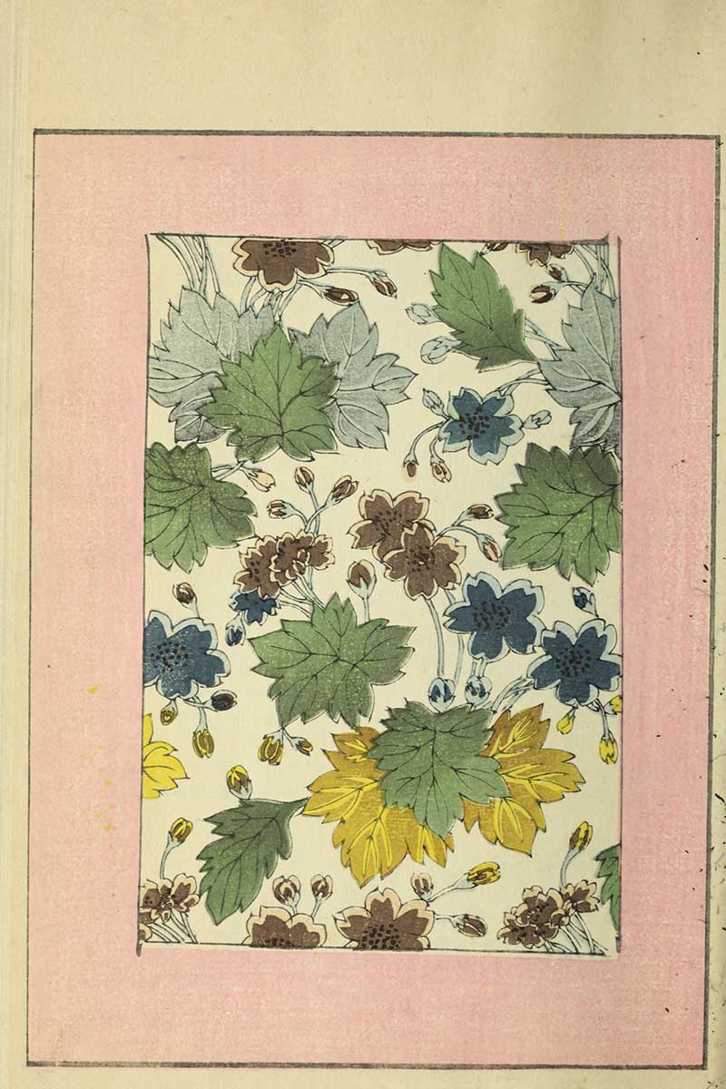 Blue, brown, and yellow flowers with green maple leaves on ivory background, vintage Nippon collection