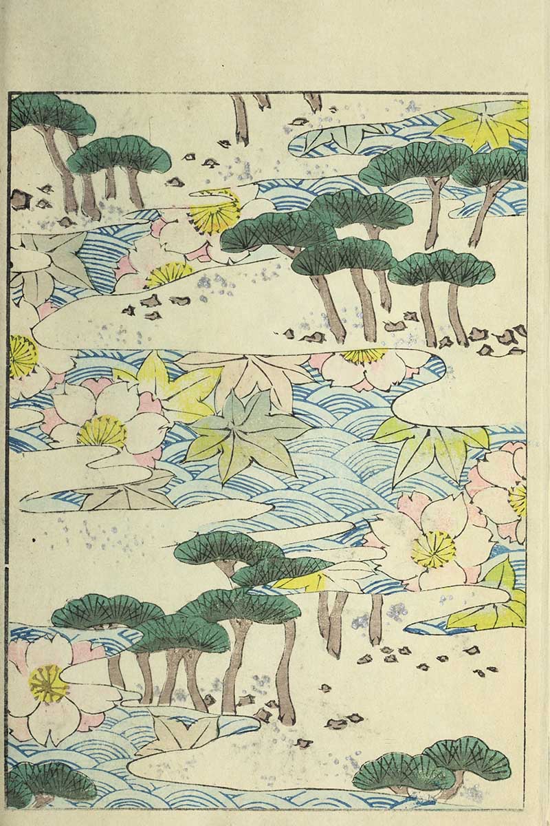 Pink camellias, green pine trees, maple leaves, and blue wave patterns on cream ground, vintage Nippon collection