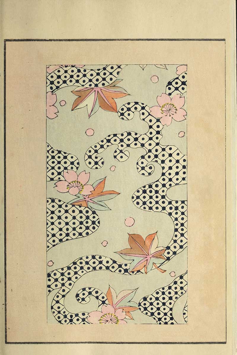 Pink cherry blossoms and orange maple leaves on pale green with navy geometric cloud scrolls, vintage Nippon collection