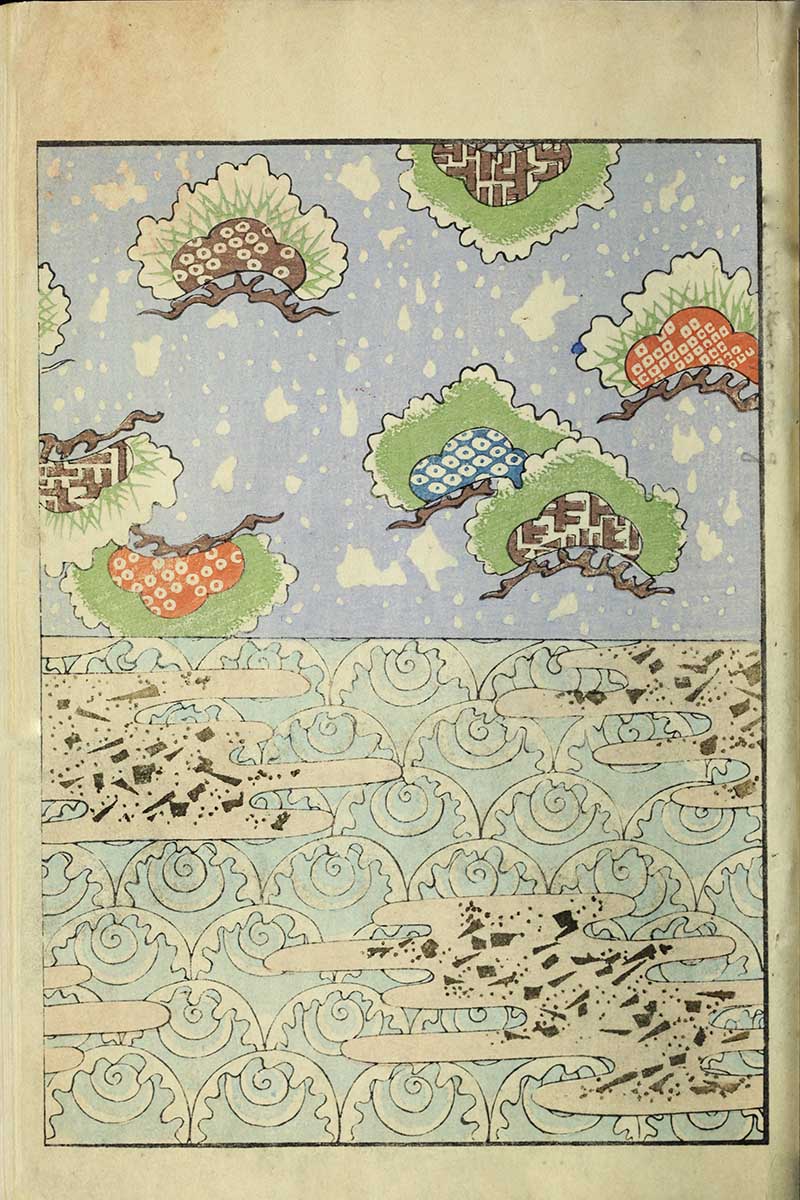 Japanese textile pattern with stylized pine trees in colorful canopies above and ocean waves in spiral scroll pattern below vintage Nippon collection