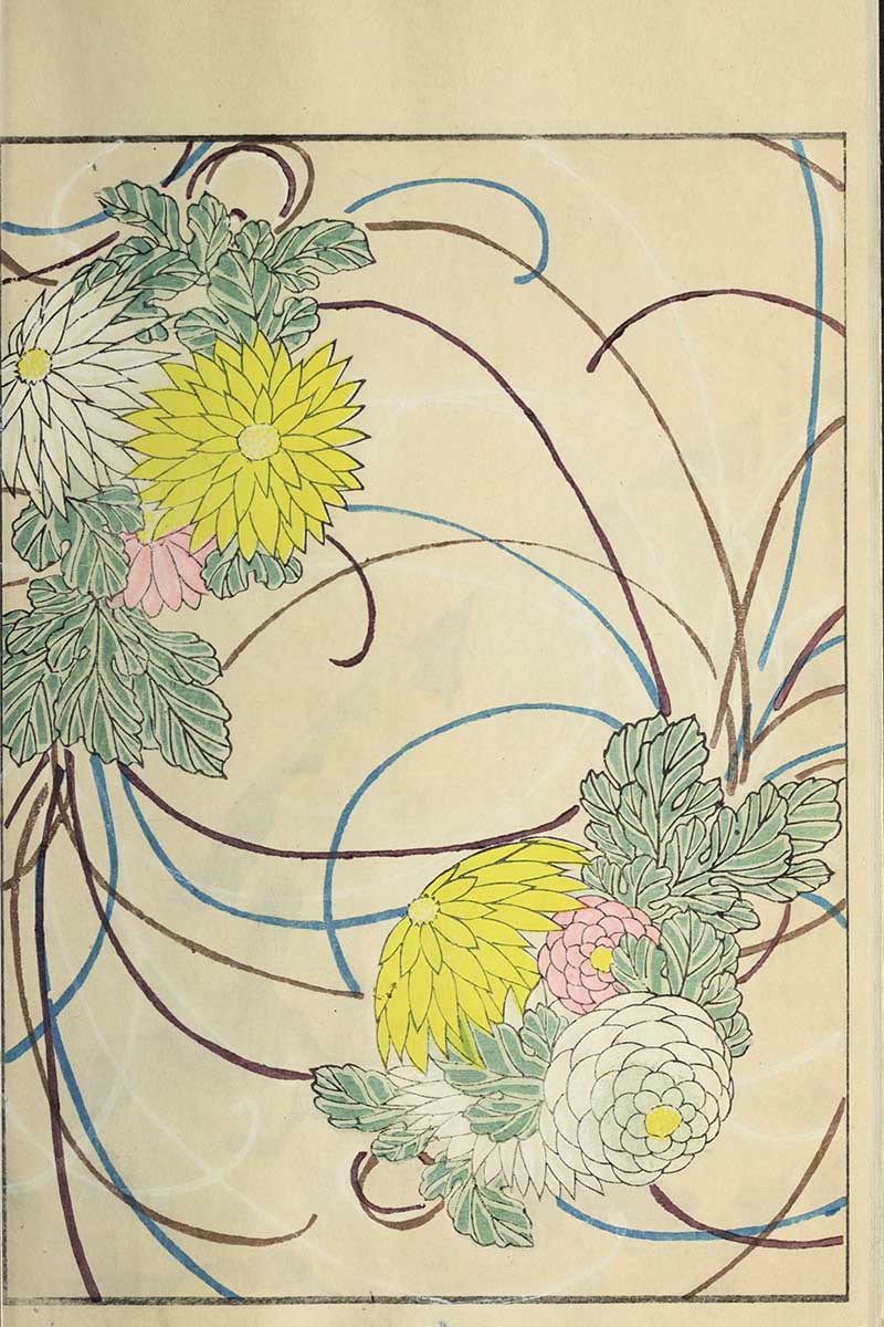 Yellow, pink, and white chrysanthemums with green leaves and swirling blue and brown vines on cream, vintage Nippon collection