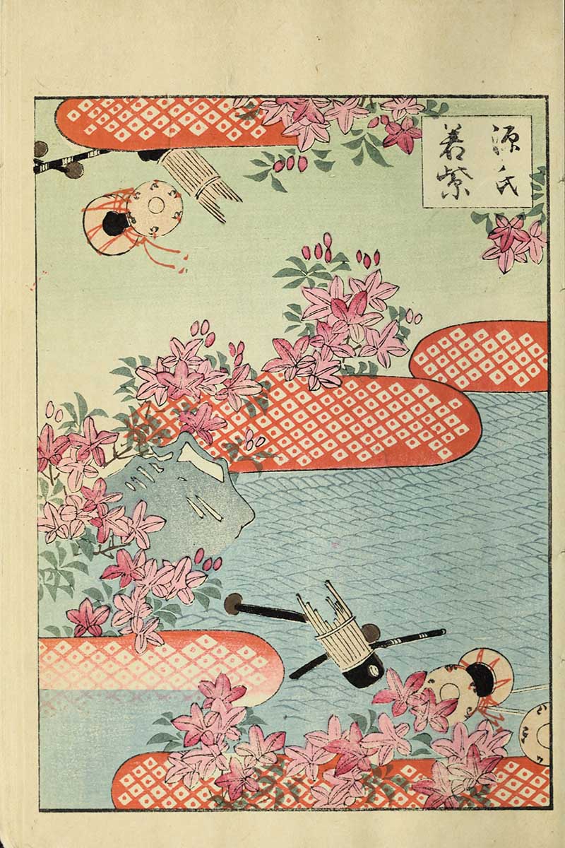 Pink azaleas, red lattice fans, and drums on pale blue water with green foliage, vintage Nippon collection