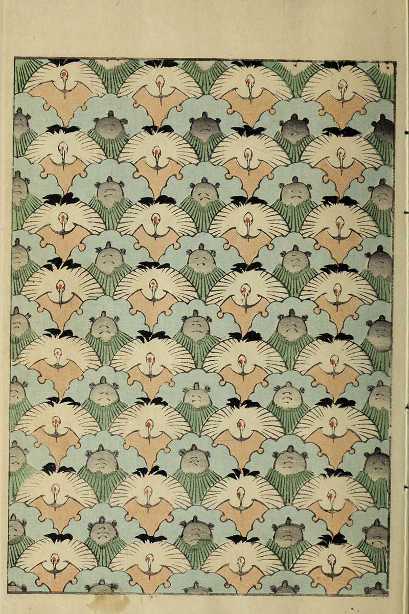 Japanese textile pattern with interlocking rows of cranes and turtles in tessellated scallop design traditional symbols of longevity vintage Nippon collection