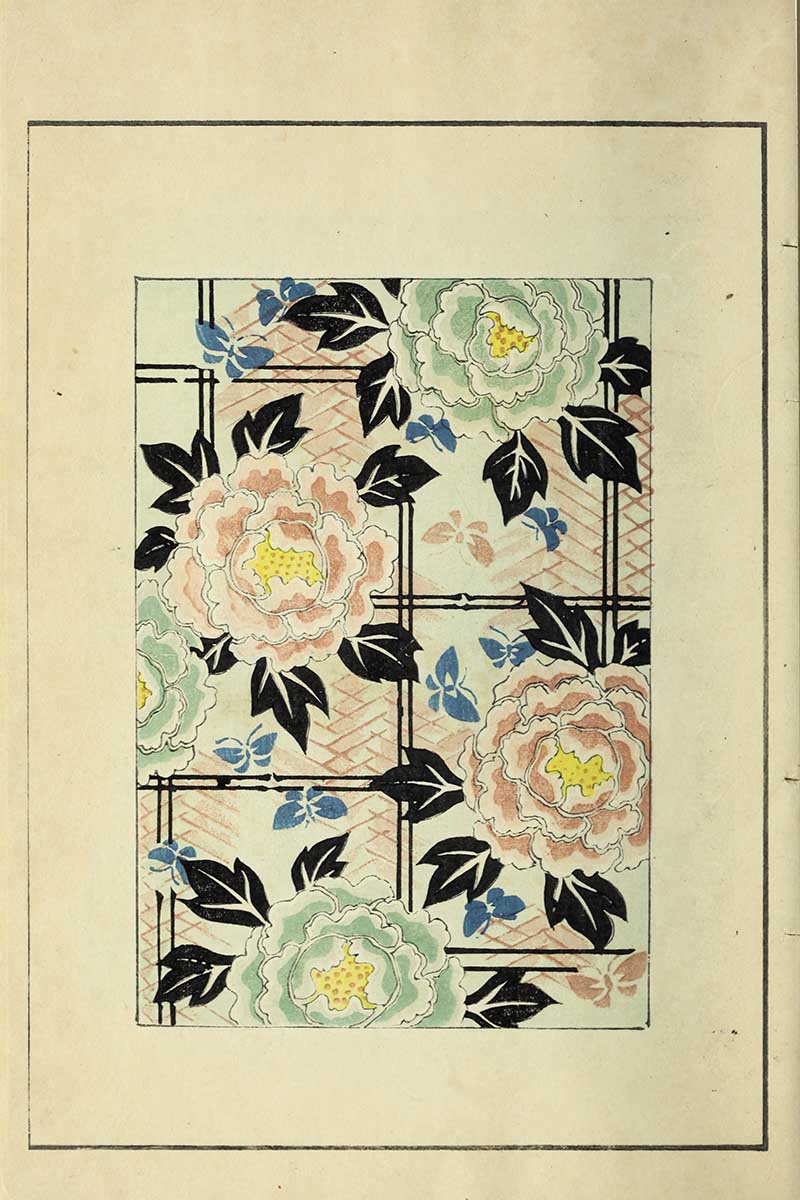 Pink and green peonies with yellow centers, blue butterflies, black leaves on lattice grid, vintage Nippon collection