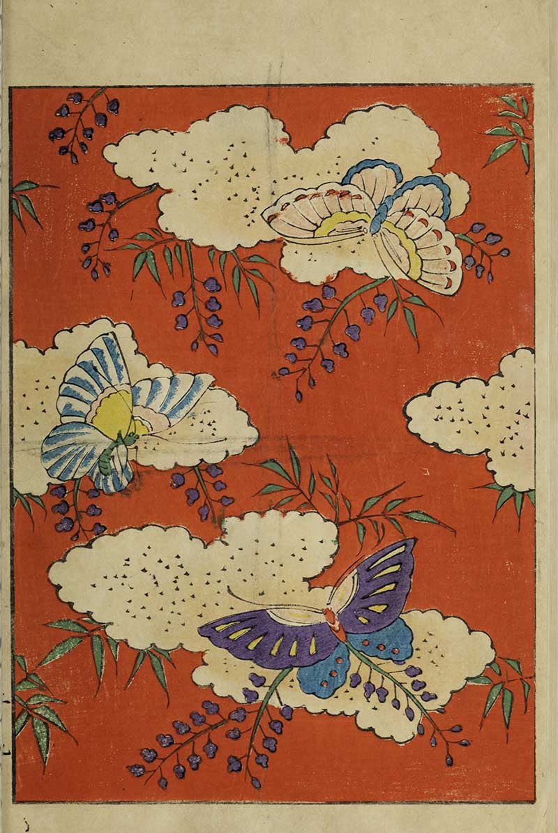 Japanese textile pattern with colorful butterflies in blue pink and purple among white clouds on vermilion red with wisteria blossoms vintage Nippon collection