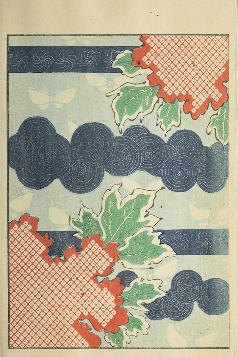 Japanese textile design with indigo spiral clouds green oak leaves red diamond kanoko shibori patches and pale blue butterflies vintage Nippon collection