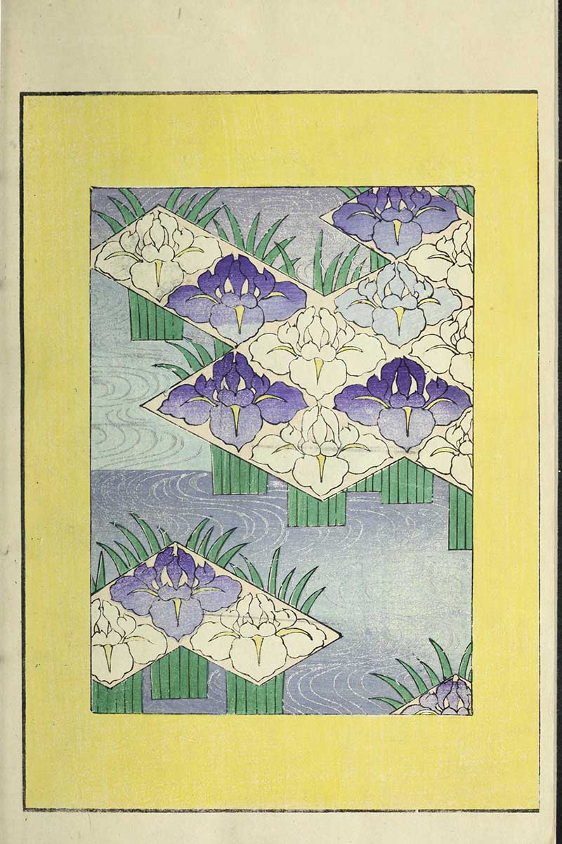 Purple and white irises in diamond panels over blue water with green foliage on yellow border, vintage Nippon collection
