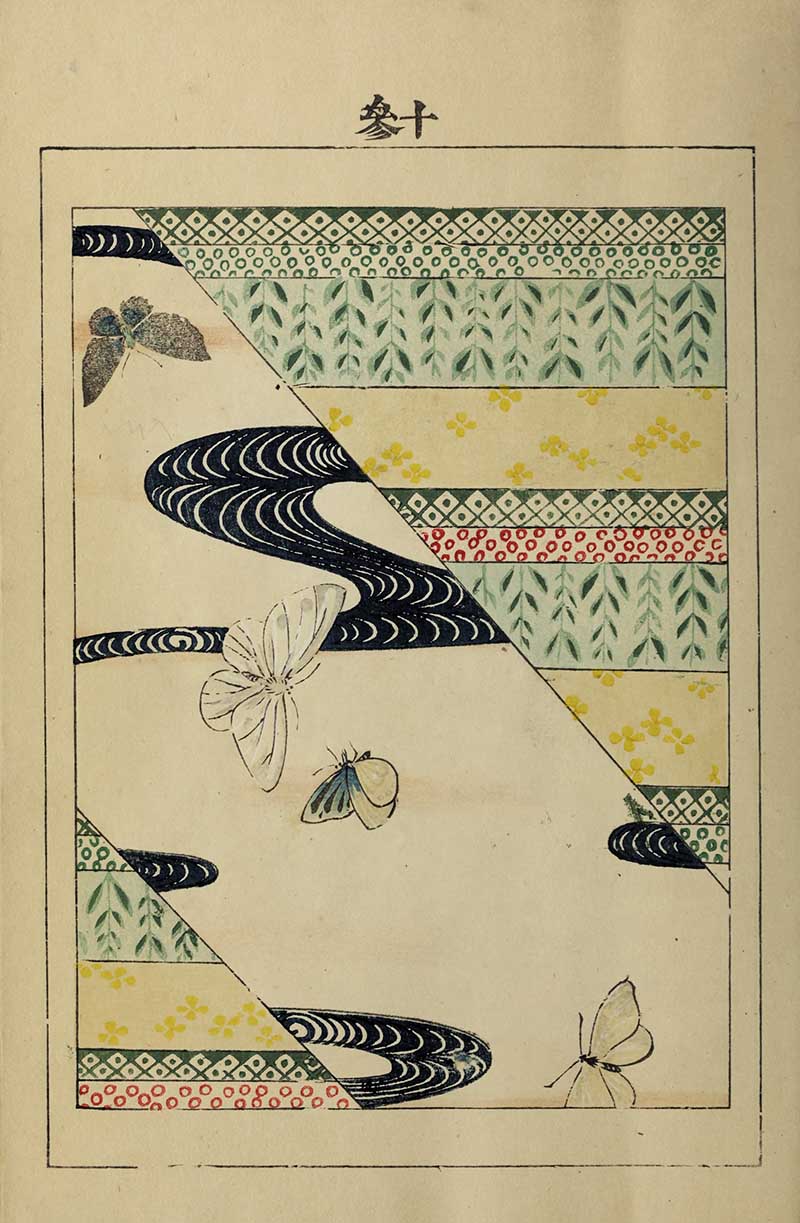 Japanese textile pattern with butterflies and moths over dark blue flowing water with green leaf patterns yellow florals and geometric borders vintage Nippon collection